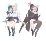  4girls absurdres aris_(blue_archive) asuna_(blue_archive) asuna_(school_uniform)_(blue_archive) black_hair black_jacket black_shirt black_shoes black_skirt black_socks black_wings blonde_hair blue_archive blue_bow blue_bowtie blue_hair blue_halo blue_necktie blue_skirt blush bow bowtie closed_eyes closed_mouth collared_shirt commentary green_halo hair_between_eyes hair_over_one_eye halo happy hasumi_(blue_archive) high_heels highres jacket koharu_(blue_archive) laughing leg_warmers long_hair low_wings mikaanon multiple_girls necktie open_mouth pantyhose pink_hair pink_halo pink_skirt pleated_skirt red_halo sailor_collar shirt shoes sitting sitting_on_lap sitting_on_person skirt smile socks twintails white_jacket white_leg_warmers white_sailor_collar white_shirt white_shoes wings 