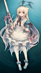  1girl alice_(grimms_notes) alice_(repage)_(grimms_notes) apron aqua_background aqua_bow aqua_dress aqua_eyes aqua_shoes blonde_hair bow brown_ribbon card dress frilled_dress frills full_body game_asset grimms_notes hair_between_eyes holding holding_sword holding_weapon hosato_mikine long_hair long_sidelocks looking_at_viewer neck_ribbon non-web_source official_art open_mouth pantyhose playing_card ribbon shoes sidelocks smile solo standing sword teeth upper_teeth_only weapon white_apron white_pantyhose wide_sleeves 