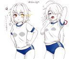  2girls black_hair blue_buruma blue_eyes breasts brown_eyes buruma commentary_request dated glowing gym_shirt gym_uniform hair_over_one_eye hands_on_own_hips heterochromia kako_(kancolle) kako_kai_ni_(kancolle) kantai_collection lineart long_hair multiple_girls open_mouth ponytail pout shirt short_hair small_breasts smile spot_color squeans squiggle t-shirt tasogare_yanio twitter_username white_shirt yellow_eyes 