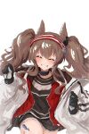  1girl angelina_(arknights) animal_ears arknights black_collar black_gloves black_shirt black_shorts blush brown_hair closed_eyes coat collar commentary_request dot_nose earpiece facing_viewer fox_ears fox_girl gloves grin hairband hands_up highres infection_monitor_(arknights) jacket kanuluillust long_hair long_sleeves material_growth multicolored_hairband open_clothes open_coat open_jacket oripathy_lesion_(arknights) raised_inner_eyebrows red_hairband red_jacket revision shirt short_shorts shorts simple_background smile solo striped_clothes striped_hairband twintails two-tone_hairband white_background white_coat 
