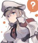  1girl ? blonde_hair breasts capelet celtic_knot cross dyson_(edaokunnsaikouya) graf_zeppelin_(kancolle) grey_eyes hair_between_eyes hat iron_cross jacket kantai_collection large_breasts military military_uniform peaked_cap sidelocks solo spoken_question_mark twintails uniform upper_body white_background 