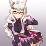  1girl absurdres adjusting_eyewear ahoge animal_ears biwa_hayahide_(pf._winning_equation...)_(umamusume) biwa_hayahide_(umamusume) black_shirt blush breasts closed_mouth collared_shirt commentary ear_ornament garter_straps glasses grey_hair highres horse_ears horse_girl horse_tail jacket large_breasts leaning_to_the_side long_hair long_sleeves looking_at_viewer purple_jacket purple_skirt red-framed_eyewear red_garter_straps red_ribbon ribbon semi-rimless_eyewear shirt simple_background skirt smile solo tail umamusume white_hair yellow_eyes zerocgm 
