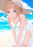  1girl absurdres bare_shoulders bikini blue_eyes blush breasts brown_hair cleavage closed_mouth cloud commentary_request gakuen_idolmaster hair_between_eyes hands_on_own_knee hat highres himesaki_rinami idolmaster leaning_forward looking_at_viewer m4kiba_sora medium_breasts outdoors sarong sky smile solo straw_hat swimsuit white_bikini white_sarong 