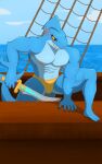 abs absurd_res anthro aquatic barefoot clothing drakorg feet fish hi_res male markings melee_weapon muscular muscular_anthro muscular_male nipples pecs piercing sea shark ship slade_(dungeons_of_aether) smile smirk solo sword tail underwear vehicle water watercraft weapon yellow_eyes