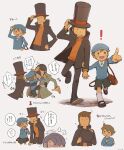  3boys absurdres annoyed arrow_(symbol) bad_id bad_twitter_id bag black_eyes black_hat black_jacket black_pants black_shoes blue_hat blue_sweater brown_bag brown_hair cheek_pull child collared_shirt hand_on_headwear hand_on_own_hip hat hershel_layton highres holding holding_unworn_clothes holding_unworn_hat irir_aru jacket long_sleeves looking_at_another luke_triton male_focus multiple_boys multiple_views newsboy_cap one_eye_closed open_mouth pants pointing professor_layton puff_of_air running shirt shoes short_hair smile socks standing sweater top_hat translation_request unworn_hat unworn_headwear v-shaped_eyebrows whispering white_shirt 