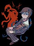  2girls ^_^ absurdly_long_hair arm_up black_shirt booger13801449 braid brown_hair brown_shoes closed_eyes closed_mouth danganronpa:_trigger_happy_havoc danganronpa_(series) dual_persona fukawa_toko genocider_sho glasses highres long_hair long_skirt long_sleeves long_tongue looking_to_the_side multiple_girls neckerchief nervous_sweating parted_bangs pleated_skirt red_neckerchief rimless_eyewear round_eyewear sailor_collar scissors shirt shoes sideways_glance skirt sweat tongue tongue_out twin_braids very_long_hair white_sailor_collar 