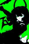  1girl black_dress black_hair black_rock_shooter dead_master demon_girl demon_horns dress green_eyes highres horns lazleylazarus short_hair_with_long_locks solo 