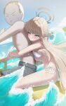  1boy 1girl absurdres alternate_costume bikini black_halo black_shorts blonde_hair blue_archive blue_eyes blue_halo blush braid breast_press breasts closed_mouth commentary doodle_sensei_(blue_archive) half_up_braid halo highres hug hug_from_behind large_breasts long_hair maji_(majidesu3) multicolored_halo ocean official_alternate_hairstyle sensei_(blue_archive) shorts sitting swimsuit toki_(blue_archive) two-tone_halo very_long_hair water wet white_bikini 