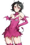  1girl black_hair bleach blush breasts cleavage commentary demon_costume demon_horns demon_tail demon_wings dress elbow_gloves english_commentary fake_horns fake_tail fake_wings gloves highres horns kuchiki_rukia kuchiki_rukia_(halloween) petite pink_dress pink_eyes pink_gloves pink_tail pink_thighhighs pink_wings short_hair small_breasts smile solo tail thighhighs thighs waligner white_background wings 