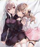  2girls black_dress blue_eyes brown_hair center_frills commentary cowboy_shot cure_heart_(artist) detached_sleeves dress frills fully_genderswapped_group genderswap genderswap_(mtf) grey_hair hair_ribbon highres interlocked_fingers kanae_(nijisanji) kuzuha_(nijisanji) lace_trim long_hair long_sleeves looking_at_viewer multiple_girls nail_polish nijisanji pink_skirt red_eyes ribbon sanya_(nijisanji) skirt thigh_strap thighhighs untranslatable_commentary virtual_youtuber white_thighhighs 