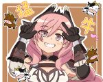  1girl a_suteru breasts cleavage commentary_request cow fang grin hands_up heart highres light_blush long_hair looking_at_viewer mole mole_under_eye outline pink_eyes pink_hair raging_bull_(ys) smile solo upper_body white_outline ys ys_ix:_monstrum_nox 