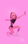  1girl absurdres black_eyeliner black_shorts blackpink brown_hair crop_top eyeliner full_body highres jennie_(blackpink) kneeling long_hair makeup midriff navel pink_background pink_light shoes shorts sneakers solo stasya-sher white_hair 