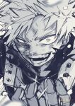  1boy arm_up bakugou_katsuki blood blood_on_face boku_no_hero_academia commentary_request dirty dirty_face gloves greyscale highres looking_at_viewer male_focus monochrome open_mouth short_hair smile solo sparks spiked_hair subgenjin1600 teeth upper_body watermark wide-eyed 