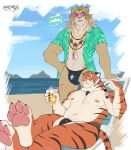  2boys abs animal_ears artist_name bara barefoot beach bead_necklace beads belly black_male_underwear blue_sky bulge claws cloud cup dated drinking_straw english_commentary fangs fangs_out fortnite furry furry_male green_shirt highres holding holding_cup holding_removed_eyewear id_card jewelry kingston_(fortnite) lanyard ligoniblack lion_boy lion_ears lion_mane looking_at_another male_focus male_underwear mountainous_horizon multiple_boys muscular muscular_male navel necklace nipples ocean open_clothes open_shirt oscar_(fortnite) pawpads pectorals sand scar scar_across_eye scar_on_face shirt shore signature sky smile sunglasses tail tiger_boy tiger_ears tiger_stripes tiger_tail topless_male underwear unworn_eyewear whiskers 