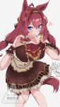  1girl ahoge animal_ears apron ascot blue_eyes blush breasts brown_apron brown_dress brown_hair brown_hairband closed_mouth commentary_request dress frilled_cuffs hair_between_eyes hairband harukazetabiji heart heart_hands highres horse_ears horse_girl horse_tail large_breasts long_hair looking_at_viewer mihono_bourbon_(code:_icing)_(umamusume) mihono_bourbon_(umamusume) official_alternate_costume red_ascot smile solo tail umamusume 