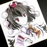  1girl black_hair black_ribbon black_wings collared_shirt commentary_request hat holding holding_pen looking_at_viewer neck_ribbon pen pom_pom_(clothes) red_eyes red_hat ribbon shameimaru_aya shikishi shirt short_hair simple_background solo tokin_hat touhou traditional_media tsubameyado upper_body white_background white_shirt wings 