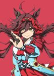  1girl animal_ears antenna_hair armor breasts brown_hair closed_mouth coat hair_between_eyes hair_ornament headband highres horse_ears horse_girl jacket japanese_armor jinbaori long_hair looking_at_viewer no_reason_(speedy_red_armor)_(umamusume) no_reason_(umamusume) outstretched_arm red_headband smile solo umamusume yellow_eyes zukki_(bijitaru) 