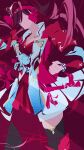  1girl animal_ears black_boots boots clenched_hand collarbone commentary ear_ornament echoo headband highres horse_ears horse_girl jacket long_hair no_reason_(speedy_red_armor)_(umamusume) no_reason_(umamusume) red_background red_hair red_jacket skirt solo standing thigh_boots umamusume white_skirt zettai_ryouiki 