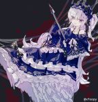  1girl artist_name bare_shoulders black_ribbon blue_dress blue_hairband bow commentary crescent crescent_necklace dress dress_bow foopy frilled_dress frilled_hairband frilled_skirt frilled_sleeves frills gothic_lolita grey_background hair_over_one_eye hair_ribbon hairband highres jewelry lolita_fashion lolita_hairband long_hair long_sleeves looking_at_viewer mahou_shoujo_no_majo_saiban natsume_an-an necklace off-shoulder_dress off_shoulder polka_dot polka_dot_bow purple_eyes ribbon signature simple_background skirt sleeve_bow sleeves_past_fingers sleeves_past_wrists slippers smile solo spoilers stab untranslatable_commentary watermark white_hair white_slippers wide_sleeves 