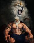  1boy 1other absurdres bare_pectorals crown elden_ring godfrey_first_elden_lord hand_on_another&#039;s_chest hand_on_another&#039;s_shoulder highres holding jewelry lion long_hair looking_at_viewer muscular muscular_male pectorals qhuas topless_male 