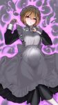  1girl absurdres apron aura bed_sheet black_dress blonde_hair blush bocchi_(kuropom7) breasts closed_mouth commentary_request dark_aura dress feet_out_of_frame finger_to_mouth frilled_apron frills glint hair_between_eyes hands_up heavy_breathing highres holding holding_needle index_finger_raised lips long_sleeves looking_at_viewer lying maid maid_apron maid_headdress medium_breasts mole mole_under_eye needle nose_blush on_back on_bed original red_eyes short_hair slit_pupils smile solo sweat white_apron 