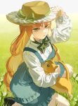  1girl alternate_costume animal black_bow black_bowtie black_shoes blue_dress bow bowtie brown_hat cat commentary dress english_commentary grass green_eyes green_ribbon hat hat_ribbon highres holding holding_animal ishmael_(project_moon) kneeling limbus_company long_hair long_sleeves orange_hair outdoors parted_lips pinafore_dress project_moon ribbon shirt shoes sleeveless sleeveless_dress solo white_shirt yongsadragon 