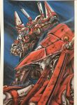  bismarck_(sei_juushi_bismarck) cannon clenched_hand commentary_request highres mecha mecha_focus moriki_yasuhiro no_humans orange_eyes original redesign robot sei_juushi_bismarck shoulder_cannon standing traditional_media 