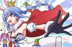  2girls :d absurdres ahoge animal animal_ear_fluff animal_ears bee black_gloves blue_hair blush bow braid breasts bug cape carrot_hair_ornament chibi cleavage collared_shirt commentary_request crown detached_sleeves don-chan_(usada_pekora) dress food-themed_hair_ornament fur-trimmed_dress fur-trimmed_gloves fur_trim gloves hair_between_eyes hair_bow hair_ornament highres hololive hololive_dev_is kikirara_vivi kiritoma leotard medium_breasts mini_crown multicolored_hair multiple_girls overalls pink_hair puffy_short_sleeves puffy_sleeves purple_hair purple_shirt rabbit-shaped_pupils rabbit_ears red_cape red_eyes shirt short_eyebrows short_sleeves signature smile strapless strapless_dress strapless_leotard symbol-shaped_pupils thick_eyebrows tilted_headwear translation_request twin_braids twintails two-tone_hair usada_pekora usada_pekora_(1st_costume) v-shaped_eyebrows virtual_youtuber white_bow white_dress white_hair white_sleeves 