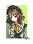  1girl beret black_hat border bow bowtie brown_hair character_name chinese_commentary commentary_request eagle_(reverse:1999) green_background green_eyes green_sash grey_jacket hat highres jacket looking_at_viewer outside_border parted_lips qingniao-baige reverse:1999 sash short_hair shoulder_sash silverwing_eagle solo upper_body white_border yellow_bow yellow_bowtie 
