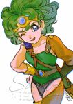  1girl 2026 asymmetrical_legwear blue_eyes blue_gem breasts circlet commentary cowboy_shot curly_hair dragon_quest dragon_quest_iv earrings gem green_hair green_leotard hands_on_own_hips heroine_(dq4) highres jewelry leotard medium_breasts mouyi one_eye_closed open_mouth orange_sleeves sample_watermark short_hair signature single_bare_shoulder single_sleeve slime_(dragon_quest) smile solo sparkle watermark white_background 