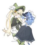  2girls bird_hat_ornament black_capelet black_flower black_hat black_rose blonde_hair blue_hair bonnet braid braided_hair_rings capelet carrying carrying_person commentary_request deerstalker dress eye_contact flower frilled_dress frilled_skirt frilled_sleeves frills green_bonnet green_eyes hair_rings hat highres korean_commentary long_hair long_sleeves looking_at_another mahou_shoujo_no_majo_saiban multiple_girls open_mouth pleated_capelet rose short_hair simple_background skirt sweatdrop tachibana_sherry tono_hanna twintails wheloo3rd white_background white_flower white_rose wide_sleeves winged_hat yellow_eyes yellow_flower yellow_rose yuri 