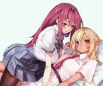  2girls :p absurdres arm_support asymmetrical_docking between_breasts black_pantyhose blonde_hair blue_bow blue_bowtie blue_skirt blush bow bowtie braid breast_press breasts buttons clothes_between_breasts commentary dark-skinned_female dark_elf dark_skin dress elf flower hair_flower hair_ornament half_up_braid heterochromia highres holding_hands hololive houshou_marine houshou_marine_(school_uniform) interlocked_fingers koubou_(cowbow_kun) large_breasts long_hair long_sidelocks looking_at_viewer multicolored_hair multiple_girls necktie necktie_between_breasts nervous_sweating no_jacket official_alternate_costume official_alternate_hairstyle pantyhose plaid_bow plaid_bowtie plaid_clothes plaid_skirt pointy_ears reclining red_eyes red_hair red_necktie shiny_clothes shiny_legwear shiranui_flare shiranui_flare_(hoodie) shirt short_sleeves sidelocks skirt strapless strapless_dress streaked_hair sweat tongue tongue_out virtual_youtuber white_dress white_flower white_shirt yellow_eyes 