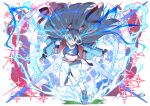  1girl absurdres animal_ears anzo_(anzu_elichi0928) belt blue_eyes blue_hairband blue_jacket blue_shoes blue_sports_bra breasts clenched_teeth commentary_request ear_covers electric_eyes electricity eye_trail fingerless_gloves gloves grey_hair hair_between_eyes hairband headband highres horse_ears horse_girl jacket light_trail lightning_bolt_print lightning_bolt_symbol long_hair long_sleeves midriff multicolored_hairband navel open_mouth pants red_belt red_headband red_socks running shoes small_breasts socks sports_bra striped_clothes striped_hairband tamamo_cross_(fast_as_lightning)_(umamusume) tamamo_cross_(umamusume) teeth two-tone_hairband umamusume very_long_hair white_pants 