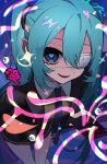  1girl abstract_background absurdres aqua_hair black_jacket black_skirt blazer blue_eyes blue_necktie brown_sweater close-up collared_shirt commentary duplicate eyelashes eyepatch feet_out_of_frame freckles hair_between_eyes hair_ornament hatsune_miku heart heart-shaped_pupils highres holding holding_phone jacket lapels leaning_forward long_hair looking_at_viewer medical_eyepatch mixed-language_commentary monitoring_(vocaloid) necktie notched_lapels open_mouth parted_lips phone pleated_skirt sakumi_kumori shirt sidelocks skirt smile solo sparkle sweater symbol-shaped_pupils twintails very_long_hair vocaloid white_shirt wing_collar 