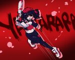  1girl black_hair black_jacket black_leggings blood blood_on_clothes clenched_teeth commentary drill_hair enz_purple_pixi full_body highres jacket kasane_teto leggings letterman_jacket red_shirt shirt shoes sneakers solo synthesizer_v teeth twin_drills utau white_shoes white_sleeves yararara_(synthesizer_v) 