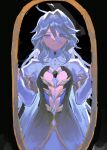  1girl absurdres ahoge closed_mouth commentary_request cowboy_shot dress focalors_(genshin_impact) genshin_impact gold_trim hands_up heterochromia highres looking_at_viewer matomaaaa mirror sidelocks smile solo w_arms wavy_hair white_dress 