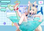  1girl :3 :d absurdres ahoge animal_ear_fluff animal_ears ankle_bow armpits bare_arms bare_legs barefoot blonde_hair blue_background blue_bow blue_bowtie blue_eyes blue_nails blue_pupils blue_sailor_collar blue_scrunchie blue_streaks blush bow bowtie cat_ears chinese_commentary cocktail_glass commentary_request crazy_straw cup dorsiflexion dot_nose dress drinking_glass drinking_straw fang feet feet_up fingernails fins fish_girl fish_tail frilled_sailor_collar frills full_body grid_background hair_bow hand_up heart heart_straw highres in_container in_cup indie_virtual_youtuber kakyouin2002 knee_up leaning_back leg_up letterboxed lifebuoy_anklet lifebuoy_hair_ornament long_hair looking_at_viewer low_twintails mini_person minigirl multi-source_commentary multicolored_hair notice_lines open_mouth outside_border pixel_art_inset pixel_heart sailor_collar sailor_dress sameko_saba sameko_saba_(1st_costume) scrunchie short_dress short_shorts shorts single_claw_pose sitting skin_fang sleeveless sleeveless_dress smile soles solo speech_bubble spoken_heart streaked_hair tail twintails two-tone_hair v-shaped_eyebrows very_long_hair virtual_youtuber white_dress white_shorts window_(computing) wrist_scrunchie 