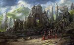  6+boys abandoned bald banner building cloud commentary_request holding monk mountain multiple_boys noba original outdoors overgrown red_robe robe ruins scenery 