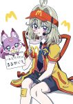  1girl antenna_hair back_bow badge bandage_on_knee black_necktie black_shorts blush bow button_badge commentary cosplay cup disposable_cup drink drinking drinking_straw employee_uniform fast_food_uniform grey_hair hair_intakes hat headset highres holding holding_cup holding_drink imadake_dabuchi_tabemi imadake_dabuchi_tabemi_(cosplay) logo long_hair looking_at_viewer mashu-tan mcdonald's meitantei_precure! moria_luluka necktie open_mouth p51p_mustang precure purple_eyes red_visor_cap shirt shorts smile striped_clothes striped_shirt tasuki tie_clip translated twintails vertical-striped_clothes vertical-striped_shirt visor_cap white_shirt wristband yellow_happi 