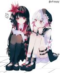  2girls anger_vein armband artist_name beret black_choker black_coat black_hair black_hat black_pantyhose black_shirt black_shoes black_skirt choker coat collared_coat collared_shirt crown flower flower-trimmed_shorts flower-trimmed_sleeves foopy frilled_socks frills gloves gradient_hair hair_flower hair_ornament hat hat_flower hat_ribbon highres holding holding_paper holding_pen layered_skirt long_hair long_sleeves mahou_shoujo_no_majo_saiban mary_janes multicolored_hair multiple_girls neck_ribbon necktie nikaido_hiro o-ring o-ring_thigh_strap pantyhose paper pen pink_eyes pink_hair puffy_sleeves red_armband red_eyes red_necktie red_skirt ribbon sakuraba_ema shirt shoes short_hair signature simple_background sitting skirt sleeveless sleeveless_coat socks thigh_strap watermark white_background white_gloves white_hair white_ribbon white_shirt white_sleeves white_socks writing x_hair_ornament 