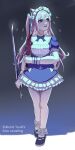  1girl @_@ absurdres anchor_hat_ornament anchor_print anchor_symbol animal_ears blue_bow blue_bowtie blue_dress blue_shoes bow bowtie breasts cat_ears cat_girl character_name commentary cosplay dress english_commentary flying_sweatdrops frilled_dress frills hair_bow hat_ornament highres holding holding_knife holding_sword holding_weapon hololive indie_virtual_youtuber knife kramer-sensei long_hair looking_up maid maid_headdress minato_aqua minato_aqua_(1st_costume) minato_aqua_(cosplay) open_mouth pink_eyes pink_hair shoes short_sleeves solo solo_leveling standing sword thighs two_side_up virtual_youtuber weapon white_bow white_wrist_cuffs wrist_cuffs yuuki_sakuna 