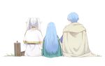  1boy 2girls blue_hair briefcase child cloak commentary crossover elf english_commentary frieren from_behind gold_trim highres himmel_(sousou_no_frieren) if_they_mated long_hair multiple_girls parent_and_child pointy_ears qifrey's_atelier_apprentice_uniform richeh_(tongari_boushi_no_atelier) sitting sousou_no_frieren tarinne tongari_boushi_no_atelier twintails white_hair 