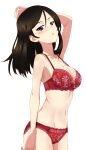  1girl bangs black_hair blue_eyes blush bra breasts collarbone commission floral_print girls_und_panzer hair_between_eyes kayabakoro large_breasts lingerie long_hair looking_at_viewer nonna_(girls_und_panzer) panties parted_lips pixiv_commission red_bra red_panties simple_background solo standing underwear white_background 