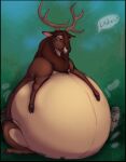  antlers belly belly_inflation big_belly bloated brown_body brown_eyes brown_fur deer dialogue feral fur hi_res horn huge_belly inflation male mammal obese obese_feral obese_male overweight overweight_feral overweight_male ramzi rumbling_stomach stuffing text 