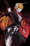  1girl bandaged_leg bandages black_background black_nails bleach bleach:_brave_souls blood breasts broken_mask commentary_request cuts genderswap genderswap_(mtf) highres holding holding_sword holding_weapon hollow_mask injury konetaa kurosaki_ichigo kurosaki_ichigo_(brave_souls_2nd_anniversary) large_breasts long_hair mask orange_hair shihakusho simple_background sword torn_clothes weapon 