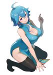  1girl absurdres ahoge ass bare_arms blue_hair blue_tunic blush breasts cleavage commentary commission commissioner_upload dress earrings english_commentary fire_emblem fire_emblem:_genealogy_of_the_holy_war grin groin hand_on_ground hand_up headband highres jewelry kneeling large_breasts looking_at_viewer mashiroshiro no_panties no_shoes open_clothes original pelvic_curtain popped_collar purple_eyes selia_(mrtalkingdino) short_hair sidelocks skeb_commission skindentation sleeveless sleeveless_dress smile solo thighhighs thighs tomboy transparent_background tunic white_headband 