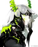  1girl black_dress black_hair black_rock_shooter dead_master demon_girl demon_horns dress green_eyes horns looking_at_viewer short_hair_with_long_locks solo starshadowmagician 