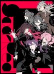  6+girls aoi_nadeshiko black_border black_dress black_hair blue_eyes border braid colored_inner_hair commentary cropped_legs double_bun dress eye: finger_to_own_chin floating_hair gakuen_idolmaster gokugetsu_gakuen_school_uniform green_eyes grey_hair grin haikawa_fuuno haikawa_suzuri hair_bun hand_on_own_hip highres idolmaster kaya_rinha limited_palette long_sleeves looking_to_the_side multicolored_hair multiple_girls nail_polish outstretched_arm outstretched_hand parted_lips pink_eyes pink_hair pink_nails purple_hair red_eyes red_hair red_nails school_uniform shirakusa_gekka shirakusa_shion single_hair_bun smile twintails untranslatable_commentary 