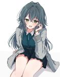  1girl :d antenna_hair arm_support black_skirt blush breasts buttons coat collared_shirt cowboy_shot crossed_bangs dot_nose g6yttsey3z8dryd gakuen_idolmaster green_eyes green_hair green_shirt grey_coat hair_between_eyes hair_flaps hand_up highres idolmaster long_hair long_sleeves looking_at_viewer medium_breasts miniskirt open_clothes open_coat open_mouth plaid_clothes plaid_coat shadow shirt sidelocks simple_background sitting skirt smile solo thighs tsukimura_temari very_long_hair watch white_background wristwatch 