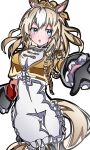  1girl animal_ears asymmetrical_gloves asymmetrical_jacket black_gloves blonde_hair blue_eyes blush bodysuit breasts commentary_request durandal_(chevalier_fidele)_(umamusume) durandal_(umamusume) ear_covers epaulettes fourragere frilled_bodysuit gloves hair_between_eyes highres horse_ears horse_girl horse_tail jacket kikkasoon long_hair looking_at_viewer medium_breasts mismatched_gloves multicolored_hair open_mouth simple_background single_ear_cover solo tail teeth two-tone_hair umamusume upper_teeth_only white_bodysuit white_gloves white_hair yellow_jacket 